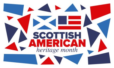 İskoç Amerikan Miras Ayı. İskoçya ve Birleşik Devletler bayrağı. İskoçya mavisi. Nisanda mutlu bayramlar. Kültür ayı. Vatansever tasarım. Poster, kart, afiş, şablon. Vektör illüstrasyonu