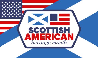 İskoç Amerikan Miras Ayı. İskoçya ve Birleşik Devletler bayrağı. İskoçya mavisi. Nisanda mutlu bayramlar. Kültür ayı. Vatansever tasarım. Poster, kart, afiş, şablon. Vektör illüstrasyonu