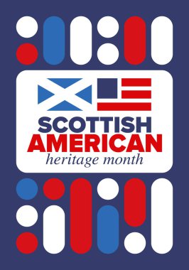 İskoç Amerikan Miras Ayı. İskoçya ve Birleşik Devletler bayrağı. İskoçya mavisi. Nisanda mutlu bayramlar. Kültür ayı. Vatansever tasarım. Poster, kart, afiş, şablon. Vektör illüstrasyonu