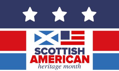 İskoç Amerikan Miras Ayı. İskoçya ve Birleşik Devletler bayrağı. İskoçya mavisi. Nisanda mutlu bayramlar. Kültür ayı. Vatansever tasarım. Poster, kart, afiş, şablon. Vektör illüstrasyonu