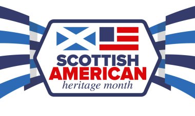 İskoç Amerikan Miras Ayı. İskoçya ve Birleşik Devletler bayrağı. İskoçya mavisi. Nisanda mutlu bayramlar. Kültür ayı. Vatansever tasarım. Poster, kart, afiş, şablon. Vektör illüstrasyonu