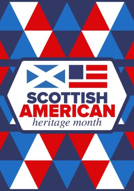 İskoç Amerikan Miras Ayı. İskoçya ve Birleşik Devletler bayrağı. İskoçya mavisi. Nisanda mutlu bayramlar. Kültür ayı. Vatansever tasarım. Poster, kart, afiş, şablon. Vektör illüstrasyonu