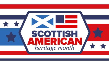 İskoç Amerikan Miras Ayı. İskoçya ve Birleşik Devletler bayrağı. İskoçya mavisi. Nisanda mutlu bayramlar. Kültür ayı. Vatansever tasarım. Poster, kart, afiş, şablon. Vektör sanatı