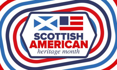 İskoç Amerikan Miras Ayı. İskoçya ve Birleşik Devletler bayrağı. İskoçya mavisi. Nisanda mutlu bayramlar. Kültür ayı. Vatansever tasarım. Poster, kart, afiş, şablon. Vektör sanatı