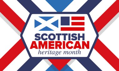 İskoç Amerikan Miras Ayı. İskoçya ve Birleşik Devletler bayrağı. İskoçya mavisi. Nisanda mutlu bayramlar. Kültür ayı. Vatansever tasarım. Poster, kart, afiş, şablon. Vektör sanatı