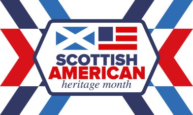 İskoç Amerikan Miras Ayı. İskoçya ve Birleşik Devletler bayrağı. İskoçya mavisi. Nisanda mutlu bayramlar. Kültür ayı. Vatansever tasarım. Poster, kart, afiş, şablon. Vektör sanatı