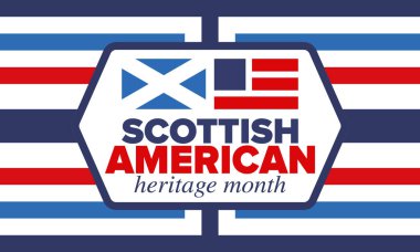 İskoç Amerikan Miras Ayı. İskoçya ve Birleşik Devletler bayrağı. İskoçya mavisi. Nisanda mutlu bayramlar. Kültür ayı. Vatansever tasarım. Poster, kart, afiş, şablon. Vektör sanatı