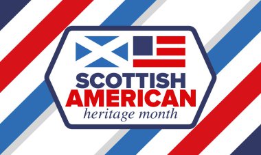 İskoç Amerikan Miras Ayı. İskoçya ve Birleşik Devletler bayrağı. İskoçya mavisi. Nisanda mutlu bayramlar. Kültür ayı. Vatansever tasarım. Poster, kart, afiş, şablon. Vektör sanatı