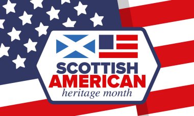 İskoç Amerikan Miras Ayı. İskoçya ve Birleşik Devletler bayrağı. İskoçya mavisi. Nisanda mutlu bayramlar. Kültür ayı. Vatansever tasarım. Poster, kart, afiş, şablon. Vektör sanatı