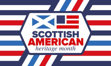 İskoç Amerikan Miras Ayı. İskoçya ve Birleşik Devletler bayrağı. İskoçya mavisi. Nisanda mutlu bayramlar. Kültür ayı. Vatansever tasarım. Poster, kart, afiş, şablon. Vektör sanatı