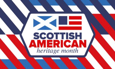 İskoç Amerikan Miras Ayı. İskoçya ve Birleşik Devletler bayrağı. İskoçya mavisi. Nisanda mutlu bayramlar. Kültür ayı. Vatansever tasarım. Poster, kart, afiş, şablon. Vektör sanatı