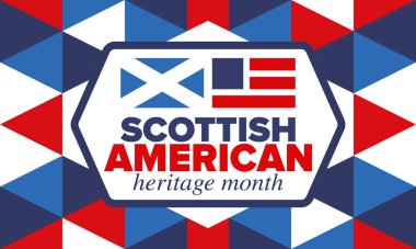 İskoç Amerikan Miras Ayı. İskoçya ve Birleşik Devletler bayrağı. İskoçya mavisi. Nisanda mutlu bayramlar. Kültür ayı. Vatansever tasarım. Poster, kart, afiş, şablon. Vektör sanatı