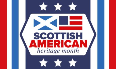 İskoç Amerikan Miras Ayı. İskoçya ve Birleşik Devletler bayrağı. İskoçya mavisi. Nisanda mutlu bayramlar. Kültür ayı. Vatansever tasarım. Poster, kart, afiş, şablon. Vektör sanatı