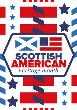 İskoç Amerikan Miras Ayı. İskoçya ve Birleşik Devletler bayrağı. İskoçya mavisi. Nisanda mutlu bayramlar. Kültür ayı. Vatansever tasarım. Poster, kart, afiş, şablon. Vektör sanatı