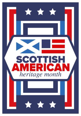 İskoç Amerikan Miras Ayı. İskoçya ve Birleşik Devletler bayrağı. İskoçya mavisi. Nisanda mutlu bayramlar. Kültür ayı. Vatansever tasarım. Poster, kart, afiş, şablon. Vektör sanatı