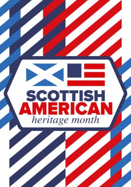 İskoç Amerikan Miras Ayı. İskoçya ve Birleşik Devletler bayrağı. İskoçya mavisi. Nisanda mutlu bayramlar. Kültür ayı. Vatansever tasarım. Poster, kart, afiş, şablon. Vektör sanatı