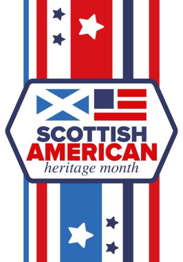 İskoç Amerikan Miras Ayı. İskoçya ve Birleşik Devletler bayrağı. İskoçya mavisi. Nisanda mutlu bayramlar. Kültür ayı. Vatansever tasarım. Poster, kart, afiş, şablon. Vektör sanatı