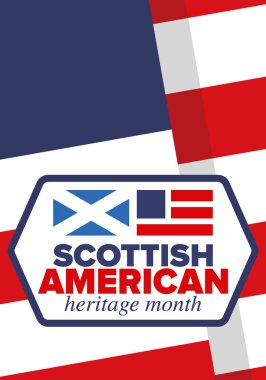 İskoç Amerikan Miras Ayı. İskoçya ve Birleşik Devletler bayrağı. İskoçya mavisi. Nisanda mutlu bayramlar. Kültür ayı. Vatansever tasarım. Poster, kart, afiş, şablon. Vektör sanatı
