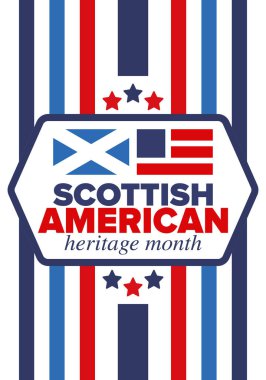 İskoç Amerikan Miras Ayı. İskoçya ve Birleşik Devletler bayrağı. İskoçya mavisi. Nisanda mutlu bayramlar. Kültür ayı. Vatansever tasarım. Poster, kart, afiş, şablon. Vektör sanatı
