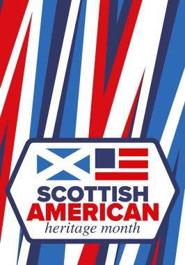 İskoç Amerikan Miras Ayı. İskoçya ve Birleşik Devletler bayrağı. İskoçya mavisi. Nisanda mutlu bayramlar. Kültür ayı. Vatansever tasarım. Poster, kart, afiş, şablon. Vektör sanatı