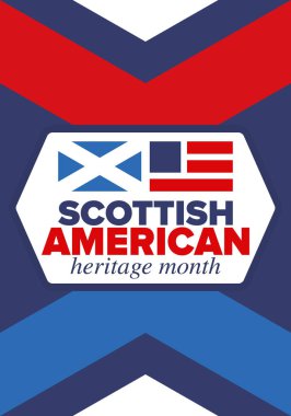 İskoç Amerikan Miras Ayı. İskoçya ve Birleşik Devletler bayrağı. İskoçya mavisi. Nisanda mutlu bayramlar. Kültür ayı. Vatansever tasarım. Poster, kart, afiş, şablon. Vektör sanatı