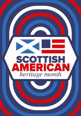 İskoç Amerikan Miras Ayı. İskoçya ve Birleşik Devletler bayrağı. İskoçya mavisi. Nisanda mutlu bayramlar. Kültür ayı. Vatansever tasarım. Poster, kart, afiş, şablon. Vektör sanatı