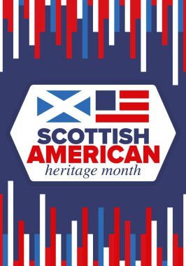 İskoç Amerikan Miras Ayı. İskoçya ve Birleşik Devletler bayrağı. İskoçya mavisi. Nisanda mutlu bayramlar. Kültür ayı. Vatansever tasarım. Poster, kart, afiş, şablon. Vektör sanatı