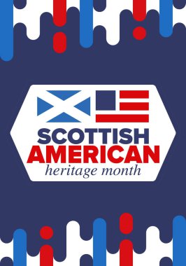 İskoç Amerikan Miras Ayı. İskoçya ve Birleşik Devletler bayrağı. İskoçya mavisi. Nisanda mutlu bayramlar. Kültür ayı. Vatansever tasarım. Poster, kart, afiş, şablon. Vektör sanatı