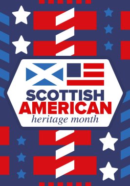 İskoç Amerikan Miras Ayı. İskoçya ve Birleşik Devletler bayrağı. İskoçya mavisi. Nisanda mutlu bayramlar. Kültür ayı. Vatansever tasarım. Poster, kart, afiş, şablon. Vektör sanatı