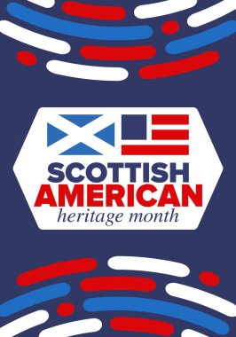 İskoç Amerikan Miras Ayı. İskoçya ve Birleşik Devletler bayrağı. İskoçya mavisi. Nisanda mutlu bayramlar. Kültür ayı. Vatansever tasarım. Poster, kart, afiş, şablon. Vektör sanatı