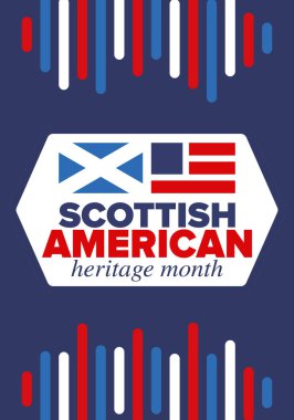 İskoç Amerikan Miras Ayı. İskoçya ve Birleşik Devletler bayrağı. İskoçya mavisi. Nisanda mutlu bayramlar. Kültür ayı. Vatansever tasarım. Poster, kart, afiş, şablon. Vektör sanatı