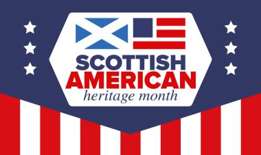 İskoç Amerikan Miras Ayı. İskoçya ve Birleşik Devletler bayrağı. İskoçya mavisi. Nisanda mutlu bayramlar. Kültür ayı. Vatansever tasarım. Poster, kart, afiş, şablon. Vektör sanatı