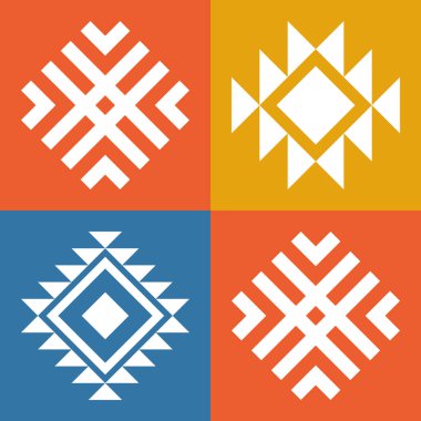 Geometrik desen. Farklı şekillerde şekiller. Kabile formu. Çiçekler. Geometrik yaratıcı tasarım. Güzel dokular. Renkli sanat. Modern grafik posteri. Retro renk. Vektör illüstrasyonu