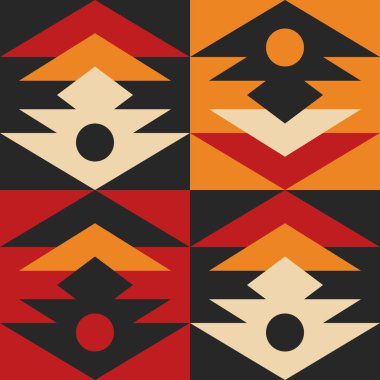 Geometrik desen. Farklı şekillerde şekiller. Kabile formu. Çiçekler. Geometrik yaratıcı tasarım. Güzel dokular. Renkli sanat. Modern grafik posteri. Retro renk. Vektör illüstrasyonu