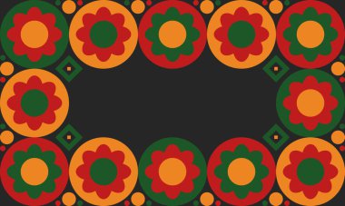 Güzel geometrik arka plan. Farklı şekillerde şekiller. Kabile formu. Çiçekler. Geometrik tasarım. Yaratıcı dokular. Renkli sanat. Modern grafik posteri. Retro renk. Vektör illüstrasyonu