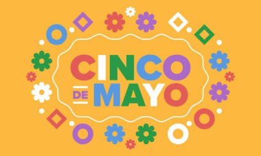 Meksika 'da Cinco de Mayo. Mayıs ayındaki geleneksel Meksika şenliği. Karnaval, festival ve geçit töreniyle ulusal mutlu bayramlar. Latin Amerika ve İspanyol tarzı. Sombrero ile illüstrasyon. Vektör posteri