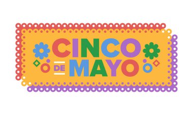 Meksika 'da Cinco de Mayo. Mayıs ayındaki geleneksel Meksika şenliği. Karnaval, festival ve geçit töreniyle ulusal mutlu bayramlar. Latin Amerika ve İspanyol tarzı. Sombrero ile illüstrasyon. Vektör posteri