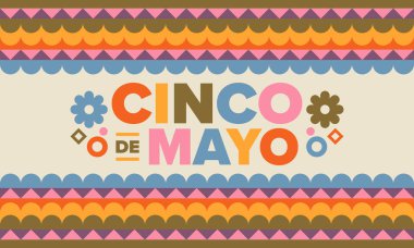 Meksika 'da Cinco de Mayo. Mayıs ayındaki geleneksel Meksika şenliği. Karnaval, festival ve geçit töreniyle ulusal mutlu bayramlar. Latin Amerika ve İspanyol tarzı. Sombrero ile illüstrasyon. Vektör posteri