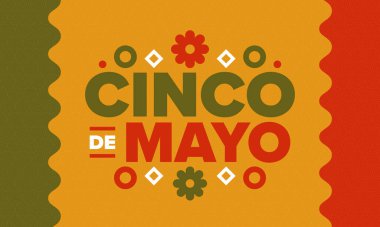 Meksika 'da Cinco de Mayo. Mayıs ayındaki geleneksel Meksika şenliği. Karnaval, festival ve geçit töreniyle ulusal mutlu bayramlar. Latin Amerika ve İspanyol tarzı. Sombrero ile illüstrasyon. Vektör posteri