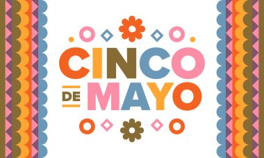 Meksika 'da Cinco de Mayo. Mayıs ayındaki geleneksel Meksika şenliği. Karnaval, festival ve geçit töreniyle ulusal mutlu bayramlar. Latin Amerika ve İspanyol tarzı. Sombrero ile illüstrasyon. Vektör posteri