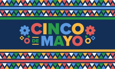 Meksika 'da Cinco de Mayo. Mayıs ayındaki geleneksel Meksika şenliği. Karnaval, festival ve geçit töreniyle ulusal mutlu bayramlar. Latin Amerika ve İspanyol tarzı. Sombrero ile illüstrasyon. Vektör posteri