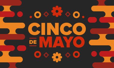 Meksika 'da Cinco de Mayo. Mayıs ayındaki geleneksel Meksika şenliği. Karnaval, festival ve geçit töreniyle ulusal mutlu bayramlar. Latin Amerika ve İspanyol tarzı. Sombrero ile illüstrasyon. Vektör posteri