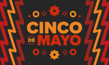 Meksika 'da Cinco de Mayo. Mayıs ayındaki geleneksel Meksika şenliği. Karnaval, festival ve geçit töreniyle ulusal mutlu bayramlar. Latin Amerika ve İspanyol tarzı. Sombrero ile illüstrasyon. Vektör posteri