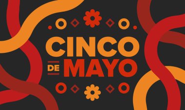 Meksika 'da Cinco de Mayo. Mayıs ayındaki geleneksel Meksika şenliği. Karnaval, festival ve geçit töreniyle ulusal mutlu bayramlar. Latin Amerika ve İspanyol tarzı. Sombrero ile illüstrasyon. Vektör posteri
