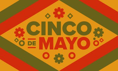 Meksika 'da Cinco de Mayo. Mayıs ayındaki geleneksel Meksika şenliği. Karnaval, festival ve geçit töreniyle ulusal mutlu bayramlar. Latin Amerika ve İspanyol tarzı. Sombrero ile illüstrasyon. Vektör posteri