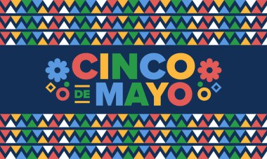 Meksika 'da Cinco de Mayo. Mayıs ayındaki geleneksel Meksika şenliği. Karnaval, festival ve geçit töreniyle ulusal mutlu bayramlar. Latin Amerika ve İspanyol tarzı. Sombrero ile illüstrasyon. Vektör posteri