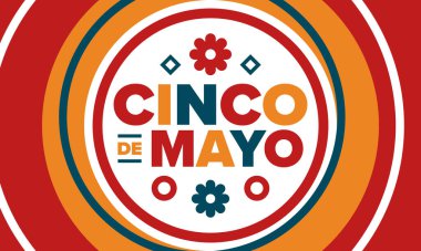 Meksika 'da Cinco de Mayo. Mayıs ayındaki geleneksel Meksika şenliği. Karnaval, festival ve geçit töreniyle ulusal mutlu bayramlar. Latin Amerika ve İspanyol tarzı. Sombrero ile illüstrasyon. Vektör posteri
