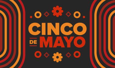Meksika 'da Cinco de Mayo. Mayıs ayındaki geleneksel Meksika şenliği. Karnaval, festival ve geçit töreniyle ulusal mutlu bayramlar. Latin Amerika ve İspanyol tarzı. Sombrero ile illüstrasyon. Vektör posteri