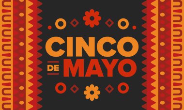 Meksika 'da Cinco de Mayo. Mayıs ayındaki geleneksel Meksika şenliği. Karnaval, festival ve geçit töreniyle ulusal mutlu bayramlar. Latin Amerika ve İspanyol tarzı. Sombrero ile illüstrasyon. Vektör posteri