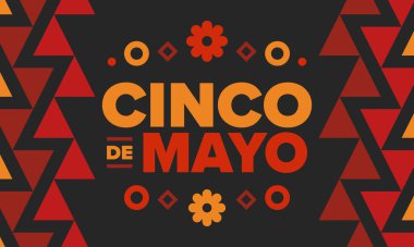 Meksika 'da Cinco de Mayo. Mayıs ayındaki geleneksel Meksika şenliği. Karnaval, festival ve geçit töreniyle ulusal mutlu bayramlar. Latin Amerika ve İspanyol tarzı. Sombrero ile illüstrasyon. Vektör posteri